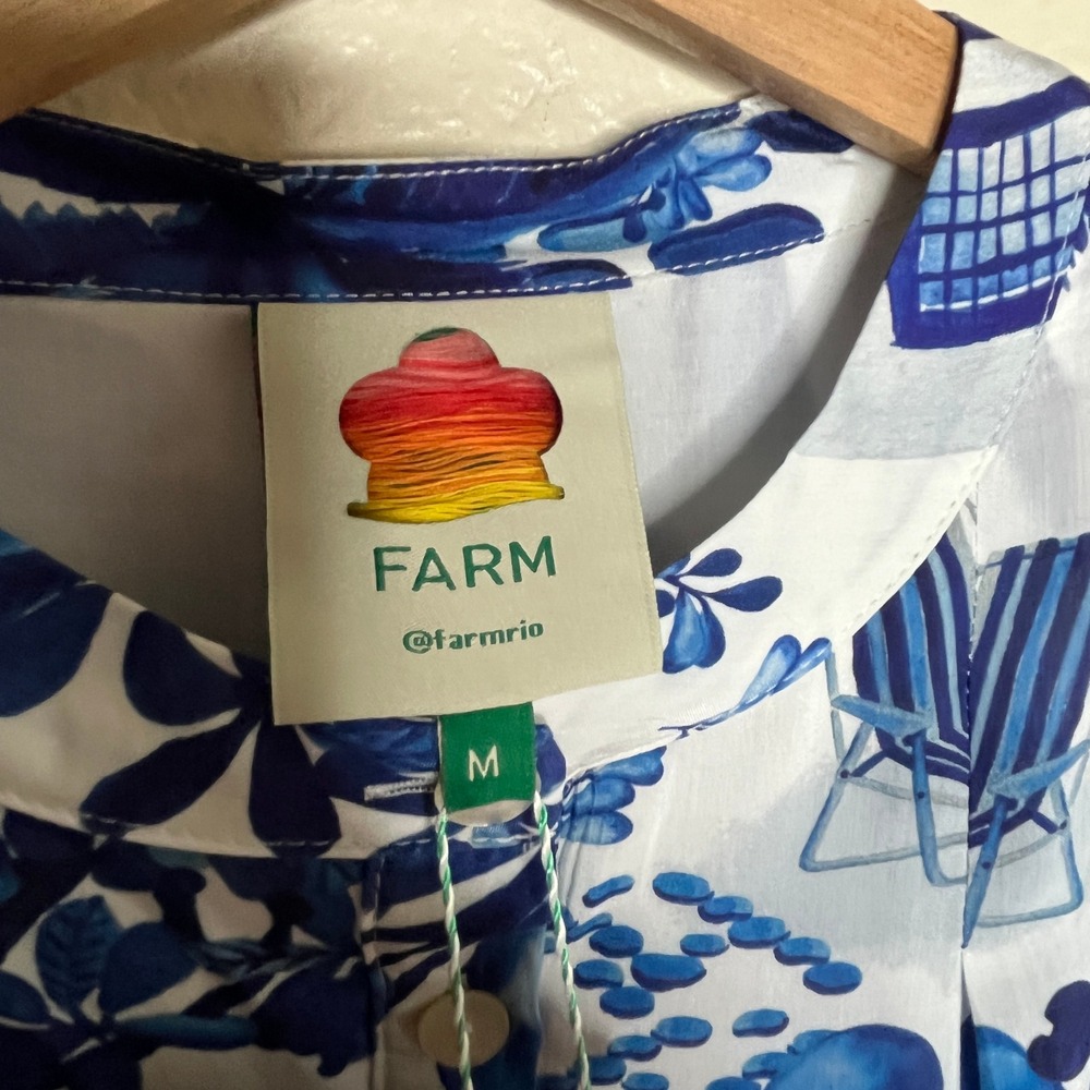 Farm Rio Sweet Rio Mini Dress Blue White Tropical Puff Sleeve Beaded Belt Medium - Picture 6 of 10